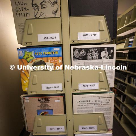 LPs in the music library stacks. Anita Breckbill, professor, oversees the Hixon-Lied School of Fine and Performing Arts music library in the basement of the Westbrook Music Center. March 18, 2022. Photo by Craig Chandler / University Communication.