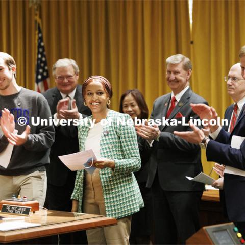 ASUN President Batool Ibrahim welcomes the crowd at the fifth annual “I Love NU” advocacy event at the Nebraska State Capitol. March 23, 2022. Photo by Craig Chandler / University Communication.