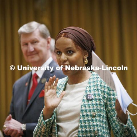 ASUN President Batool Ibrahim welcomes the crowd at the fifth annual “I Love NU” advocacy event at the Nebraska State Capitol. March 23, 2022. Photo by Craig Chandler / University Communication.