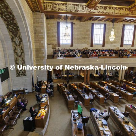 NU supporters gather in the balcony of the Norris Legislative Chamber to be recognized by the Nebraska Legislature. Fifth annual “I Love NU” advocacy event at the Nebraska State Capitol. March 23, 2022. Photo by Craig Chandler / University Communication.