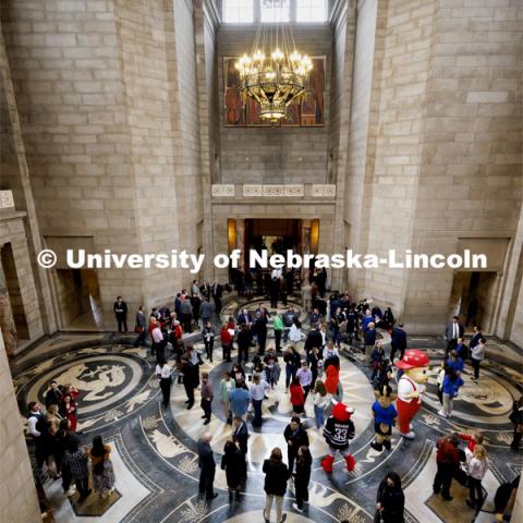 The day ended with participants mingling in the rotunda to meet with state senators and take photos with campus mascots. Fifth annual “I Love NU” advocacy event at the Nebraska State Capitol. March 23, 2022. Photo by Craig Chandler / University Communication.