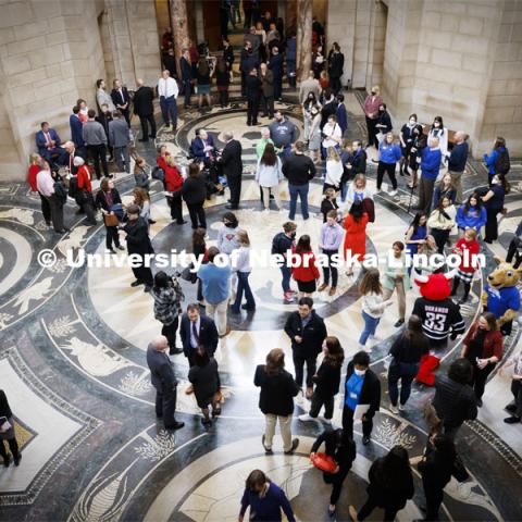 The day ended with participants mingling in the rotunda to meet with state senators and take photos with campus mascots. Fifth annual “I Love NU” advocacy event at the Nebraska State Capitol. March 23, 2022. Photo by Craig Chandler / University Communication.