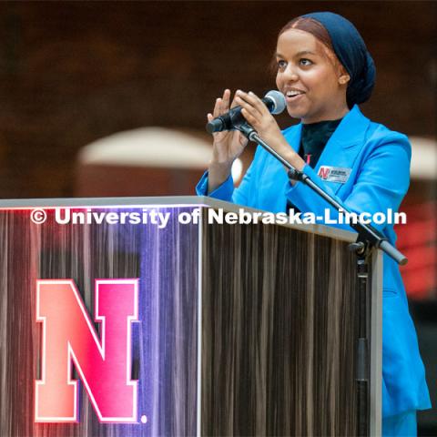 Admitted students listen to Batool Ibrahim, President of the Black Student Union, at the Welcome Pep Rally in the Nebraska Coliseum. Admitted Student Day is UNL’s in-person, on-campus event for all admitted students. March 26, 2022. Photo by Jordan Opp for University Communication.