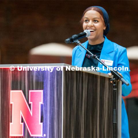 Admitted students listen to Batool Ibrahim, President of the Black Student Union, at the Welcome Pep Rally in the Nebraska Coliseum. Admitted Student Day is UNL’s in-person, on-campus event for all admitted students. March 26, 2022. Photo by Jordan Opp for University Communication.