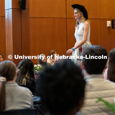 Hosted at the Wick Alumni Center, the highlight of Global Glam included more than 80 students modeling traditional clothing from their country as well as clothing from student designers and local retailers. The fashion show included original designs by students in the Textiles, Merchandising and Fashion Design Department. March 26, 2022. Photo by Jordan Opp for University Communication.