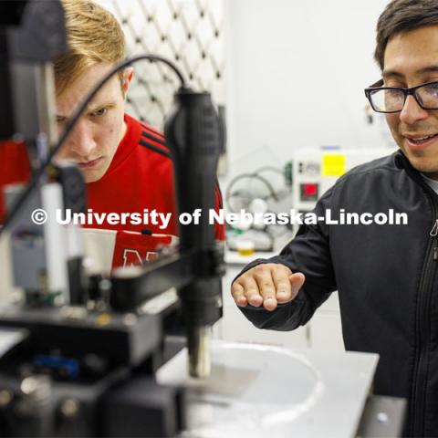 Students in Eric Markvicka’s Elastomer fabrication, liquid metal, laser micromachining, electronics fabrication lab. College of Engineering photo shoot. March 30, 2022. Photo by Craig Chandler / University Communication.