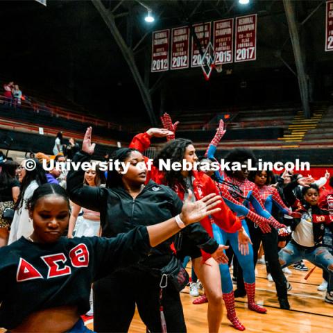 Delta Sigma Theta Sorority. Multicultural Greeks and NPHC Greeks in a competition against each other with a mixture of dancing/stepping/strolling moves. Stroll Off competition in the Coliseum. April 2, 2022. Photo by Jonah Tran/ University Communication.