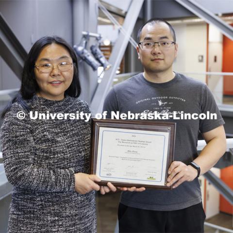 Jinying Zhu and Bibo Zhong. College of Engineering photo shoot at Peter Kiewit Institute in Omaha. April 5, 2022. Photo by Craig Chandler / University Communication.