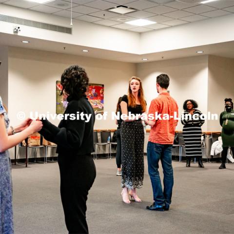 Students explore the Latin and Desi culture by learning salsa and Bollywood dance workshop in the Gaughn Center taught by members of the UNL ballroom company. April 6, 2022. Photo by Jonah Tran / University Communication.