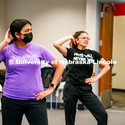 Students explore the Latin and Desi culture by learning salsa and Bollywood dance workshop in the Gaughn Center taught by members of the UNL ballroom company. April 6, 2022. Photo by Jonah Tran / University Communication.