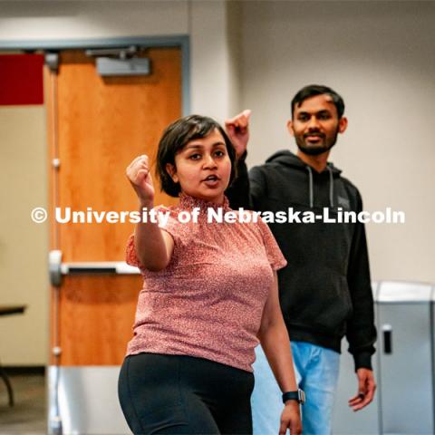 Students explore the Latin and Desi culture by learning salsa and Bollywood dance workshop in the Gaughn Center taught by members of the UNL ballroom company. April 6, 2022. Photo by Jonah Tran / University Communication.