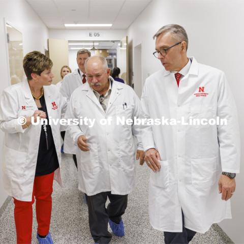 Amanda Ramer-Tait answers question from Regent Paul Kenney as the Board of Regents tours the Nebraska Gnotobiotic Mouse Program at Nebraska Innovation Campus. Board of Regents tour of UNL. April 7, 2022. Photo by Craig Chandler / University Communication.