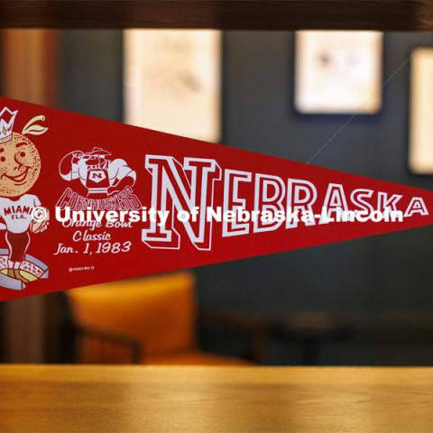 Husker memorabilia decorates the interior of The Scarlet Hotel. The Scarlet Hotel on Nebraska Innovation Campus has opened. The Marriott Tribute hotel features 154 rooms, a coffee shop, signature restaurant and rooftop bar. All are open to the public. A grand opening celebration is planned for May 6. Details will be announced. April 18, 2022. Photo by Craig Chandler / University Communication.