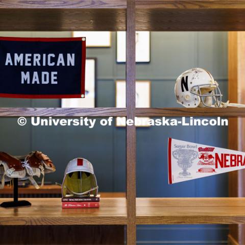 Husker memorabilia decorates the interior of The Scarlet Hotel. The Scarlet Hotel on Nebraska Innovation Campus has opened. The Marriott Tribute hotel features 154 rooms, a coffee shop, signature restaurant and rooftop bar. All are open to the public. A grand opening celebration is planned for May 6. Details will be announced. April 18, 2022. Photo by Craig Chandler / University Communication.