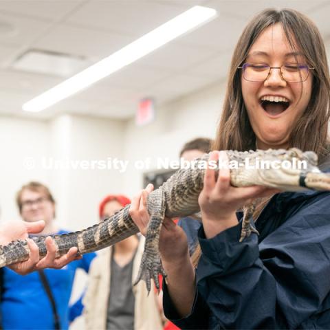 Students pet animals during the End of Year Bash inside the East Campus Union on Saturday, April 30, 2022, in Lincoln, Nebraska.  Photo by Jordan Opp for University Communication
