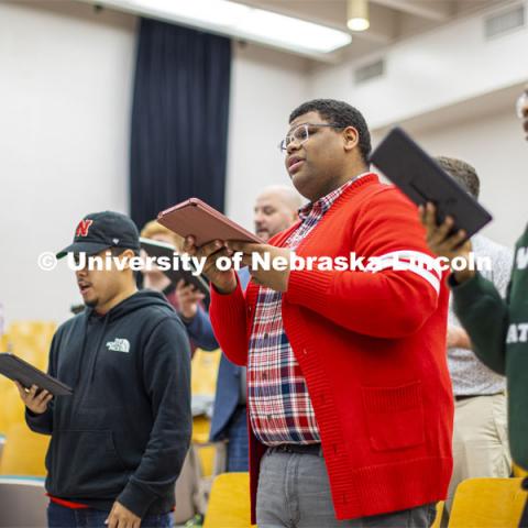 Jayven Brandt sings during Chamber Singers practice in Westbrook Music Hall. ASEM CoCreate story. May 5, 2022. Photo by Craig Chandler / University Communication.