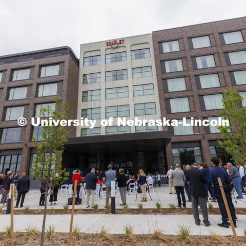 NIC Director Dan Duncan talks to the crowd. Ribbon cutting for the new Scarlet Hotel in Nebraska Innovation Campus. March 6, 2021. Photo by Craig Chandler / University Communication.