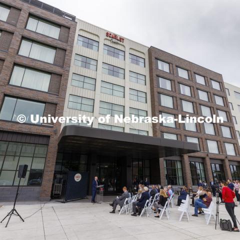 NIC Director Dan Duncan talks to the crowd. Ribbon cutting for the new Scarlet Hotel in Nebraska Innovation Campus. March 6, 2021. Photo by Craig Chandler / University Communication.