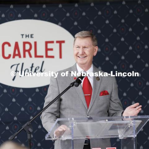 NU President Ted Carter talks to the crowd assembled for the ceremony. Ribbon cutting for the new Scarlet Hotel in Nebraska Innovation Campus. March 6, 2021. Photo by Craig Chandler / University Communication.