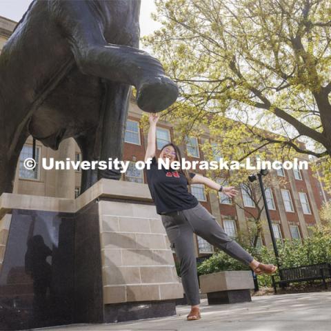 Archie the mammoth sculpture brings joy to Sara Segal. ASEM CoCreate story. May 9, 2022. Photo by Craig Chandler / University Communication.