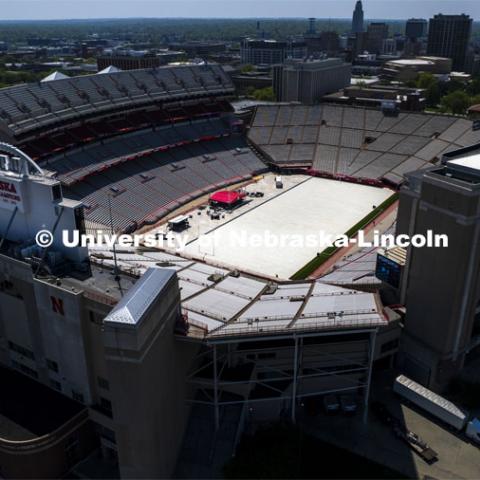 Memorial Stadium field covered for Saturday’s commencement. May 11, 2022. Photo by Craig Chandler / University Communication.