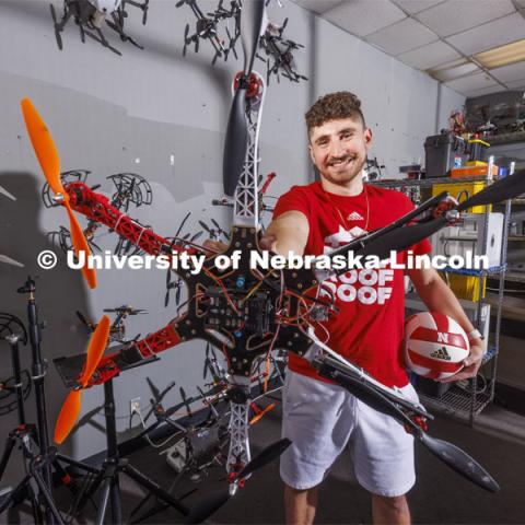 Santiago Giraldo is a school of computing major who works in the NIMBUS drone lab and loves being a volleyball fan. May 12, 2022. Photo by Craig Chandler / University Communication.