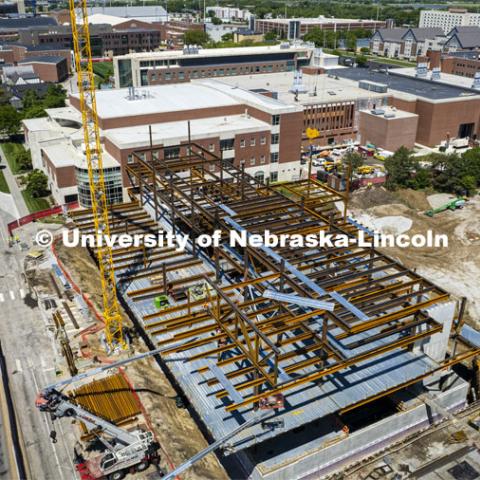 Three of the six floors of Kiewitt Hall, the new College of Engineering building, rise above campus. Kiewitt Hall construction. May 27, 2022. Photo by Craig Chandler / University Communication.