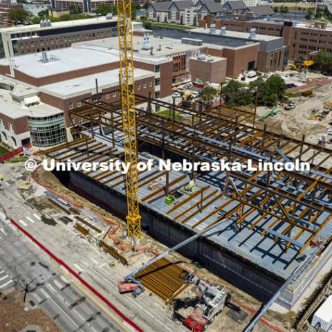 Three of the six floors of Kiewitt Hall, the new College of Engineering building, rise above campus. Kiewitt Hall construction. May 27, 2022. Photo by Craig Chandler / University Communication.