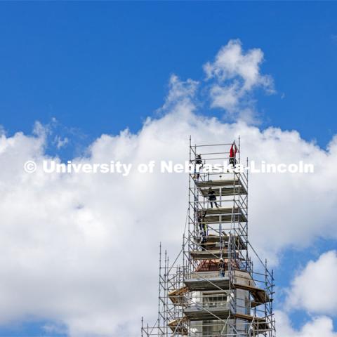 Scaffolding continues to be erected on the Love Library cupola as renovation work begins. June 8, 2022. Photo by Craig Chandler / University Communication.