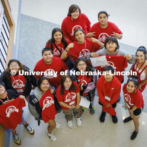 Freshman students at Winnebago, Nebraska, high school pose for a group photo. NCPA freshman and sophomore high school students on campus. June 8, 2022. Photo by Craig Chandler / University Communication.