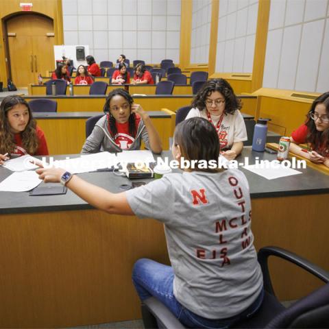 Ariana Lopez, Assistant Director of Recruitment with the College of Law, prepares the defense team of Goldilocks vs the Three Bears before the mock trial. NCPA junior and senior high school students participate in a mock trial at Nebraska Law. June 9, 2022. Photo by Craig Chandler / University Communication.