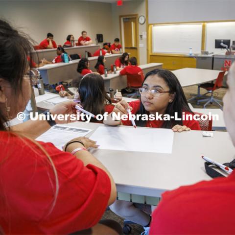 Ana Cortez Martir, junior from Omaha South High school, works with her team as they develop a business pitch during their session at the College of Business. NCPA, a program for academically talented, first-generation, income eligible students to help prepare them for college and their future careers. June 9, 2022. Photo by Craig Chandler / University Communication.