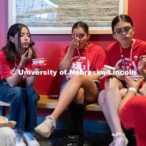 Attendees enjoy ice cream at the Nebraska College Preparatory Academy’s Science Camp inside Abel Hall. NCPA, a program for academically talented, first-generation, income eligible students to help prepare them for college and their future careers. June 9, 2022. Photo by Jordan Opp for University Communication.