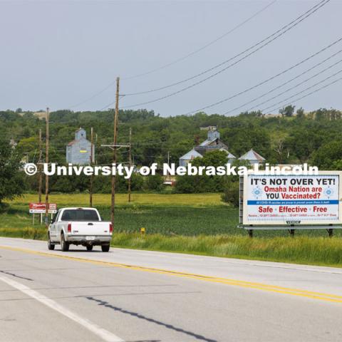 Billboard aimed at members of the Omaha Nation, promoting vaccination. Possible use with rural or tribal health disparities story. June 14, 2020. Photo by Craig Chandler / University Communication.