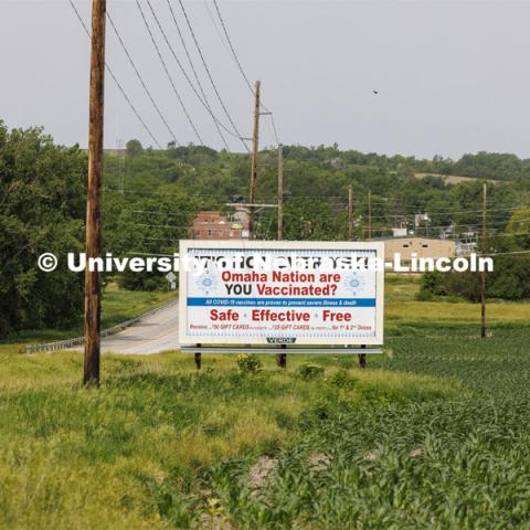 Billboard aimed at members of the Omaha Nation, promoting vaccination. Possible use with rural or tribal health disparities story. June 14, 2020. Photo by Craig Chandler / University Communication.