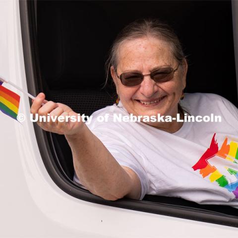 Nebraska's Pat Tetreault served as grand marshal of the second annual Star City Pride parade. The university's LGBTQA+ Center, which Tetreault leads, was also honored during the community celebration. June 18, 2022. Photo by Jordan Opp for University Communication.