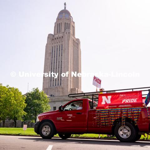 University of Nebraska representatives circle around the Capitol during the Star City Pride parade. June 18, 2022. Photo by Jordan Opp for University Communication.