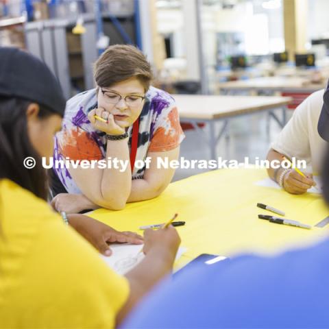 Academy mentor Shiloh King talks about the designs with the students. 2022 MATC/NCIA Sovereign Native Youth STEM Leadership Academy. June 30, 2022. Photo by Craig Chandler / University Communication.