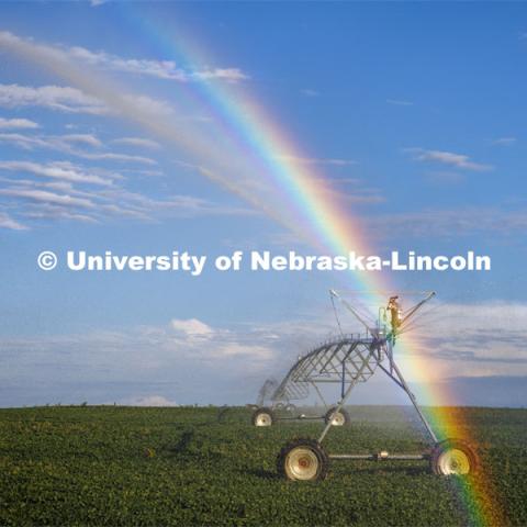 A center pivot northeast of Adams, Nebraska makes a rainbow in the evening sunlight. July 1, 2022. Photo by Craig Chandler / University Communication.
