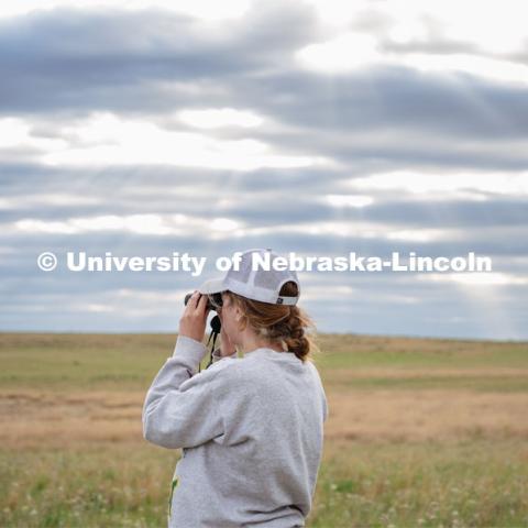 PhD student Grace Schuster looks and listens for different bird species during point counts, which are used to help measure wild bird species richness and abundance. She is working in a pasture southwest of North Platte. July 6, 2022. Photo by Iris McFarlin, AWESM Lab Communications.