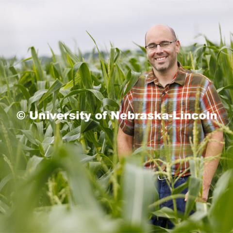 James Schnabel, Associate Professor for Agronomy and Horticulture. James Schnable’s field northeast of 84th and Havelock research fields. July 8, 2022. Photo by Craig Chandler / University Communication.