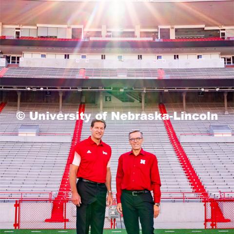 Trev Alberts, Vice Chancellor, Director of Athletics, and UNL Chancellor Ronnie Green in Memorial Stadium. August 27, 2022. Photo by Jordan Opp for University Communication
