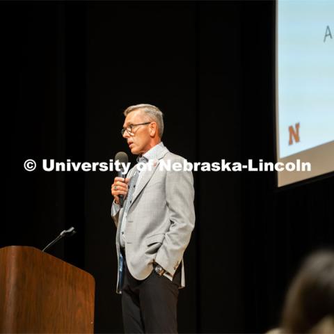 Chancellor Ronnie Green address the First Husker 2022-2023 cohort on their first day of camp. First Husker, Emerging Leader and CAST power programs filled the week before classes began for new students to become acquainted with college life. August 13, 2022. Photo by Jonah Tran for University Communication.