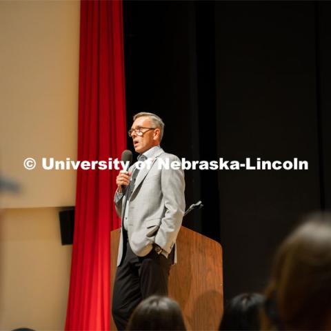 Chancellor Ronnie Green address the First Husker 2022-2023 cohort on their first day of camp. First Husker, Emerging Leader and CAST power programs filled the week before classes began for new students to become acquainted with college life. August 13, 2022. Photo by Jonah Tran for University Communication.