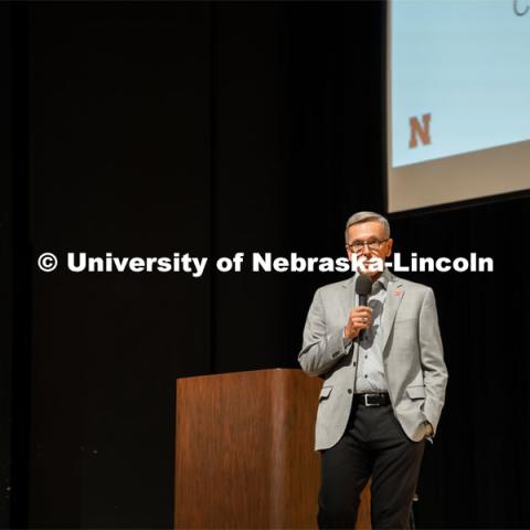 Chancellor Ronnie Green address the First Husker 2022-2023 cohort on their first day of camp. First Husker, Emerging Leader and CAST power programs filled the week before classes began for new students to become acquainted with college life. August 13, 2022. Photo by Jonah Tran for University Communication.