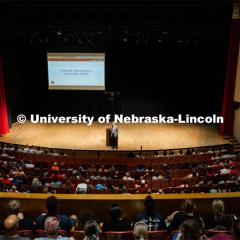 Chancellor Ronnie Green address the First Husker 2022-2023 cohort on their first day of camp. First Husker, Emerging Leader and CAST power programs filled the week before classes began for new students to become acquainted with college life. August 13, 2022. Photo by Jonah Tran for University Communication.