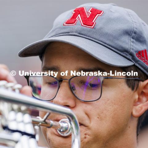 Cornhusker Marching Band practice in Memorial Stadium under the lights. August 18, 2022. Photo by Craig Chandler / University Communication.