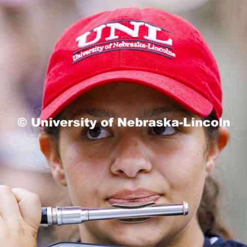 Cornhusker Marching Band practice in Memorial Stadium under the lights. August 18, 2022. Photo by Craig Chandler / University Communication.