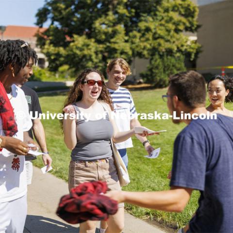 A friend reunion outside the Hixon-Lied College of Fine and Performing Arts College Welcome for new and returning students. Big Red Welcome - College Welcome Programs. August 18, 2022. Photo by Craig Chandler / University Communication.