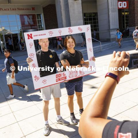 Nathan Kroeger and Justus Le, both freshman from Lincoln, pose for photos at the event. ODI at the Union Plaza with activities, treats, and to learn more about the Office of Diversity and Inclusion. August 30, 2022. Photo by Craig Chandler / University Communication.